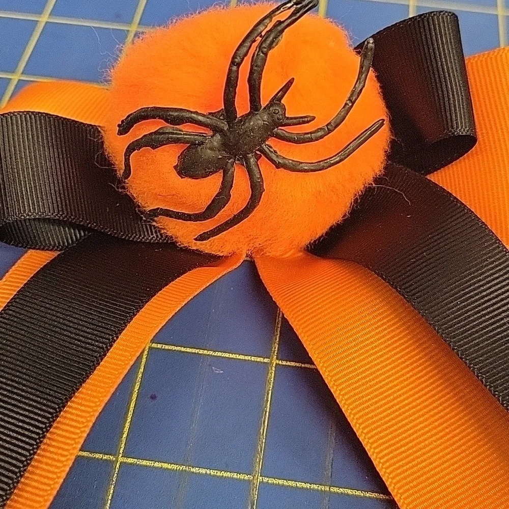 Orange Black Halloween Bow with Spider
